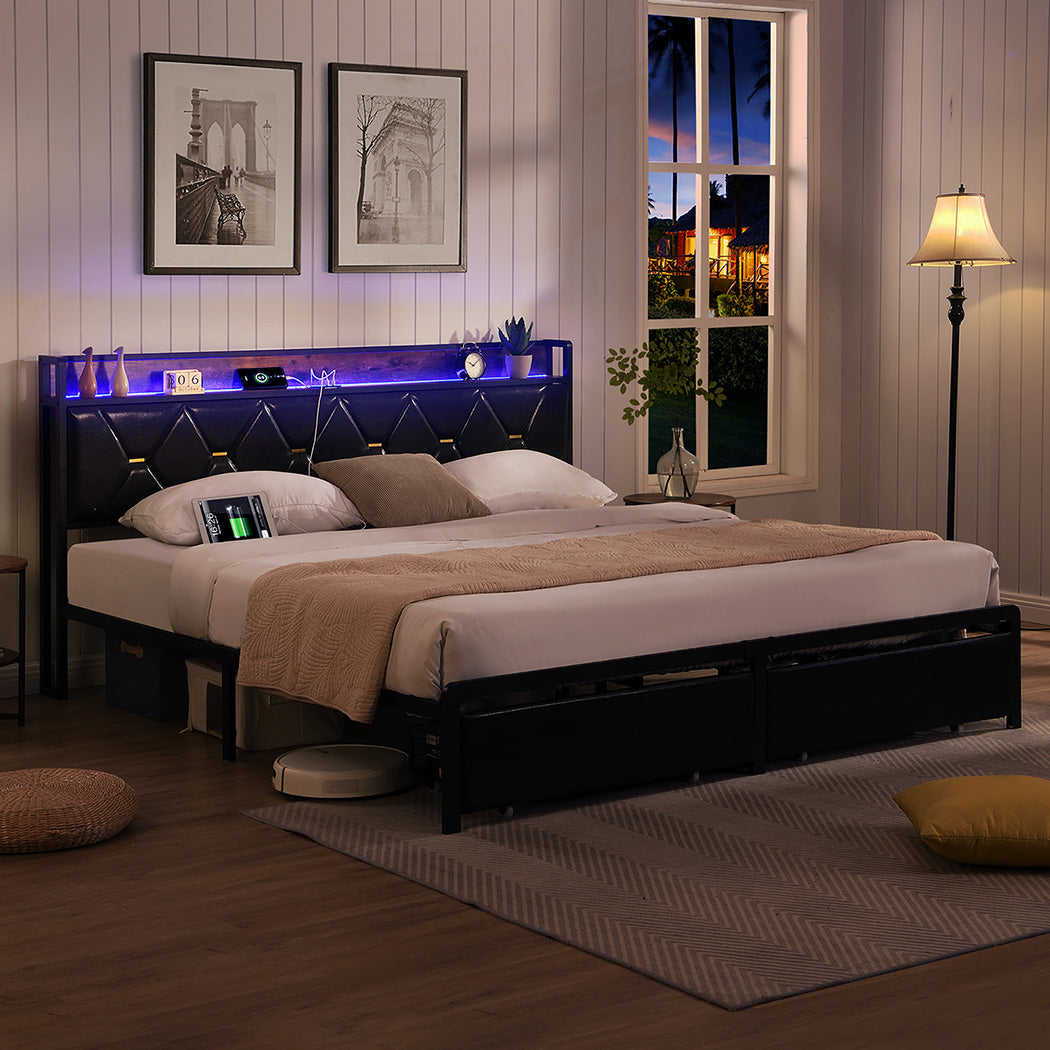 Levede King Bed Frame Leather Headboard RGB 2 Drawers