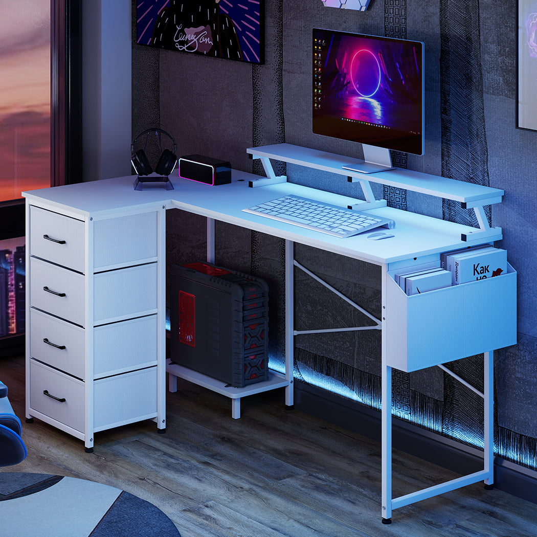 Levede L Shaped Gaming Desk with Storage Drawers White