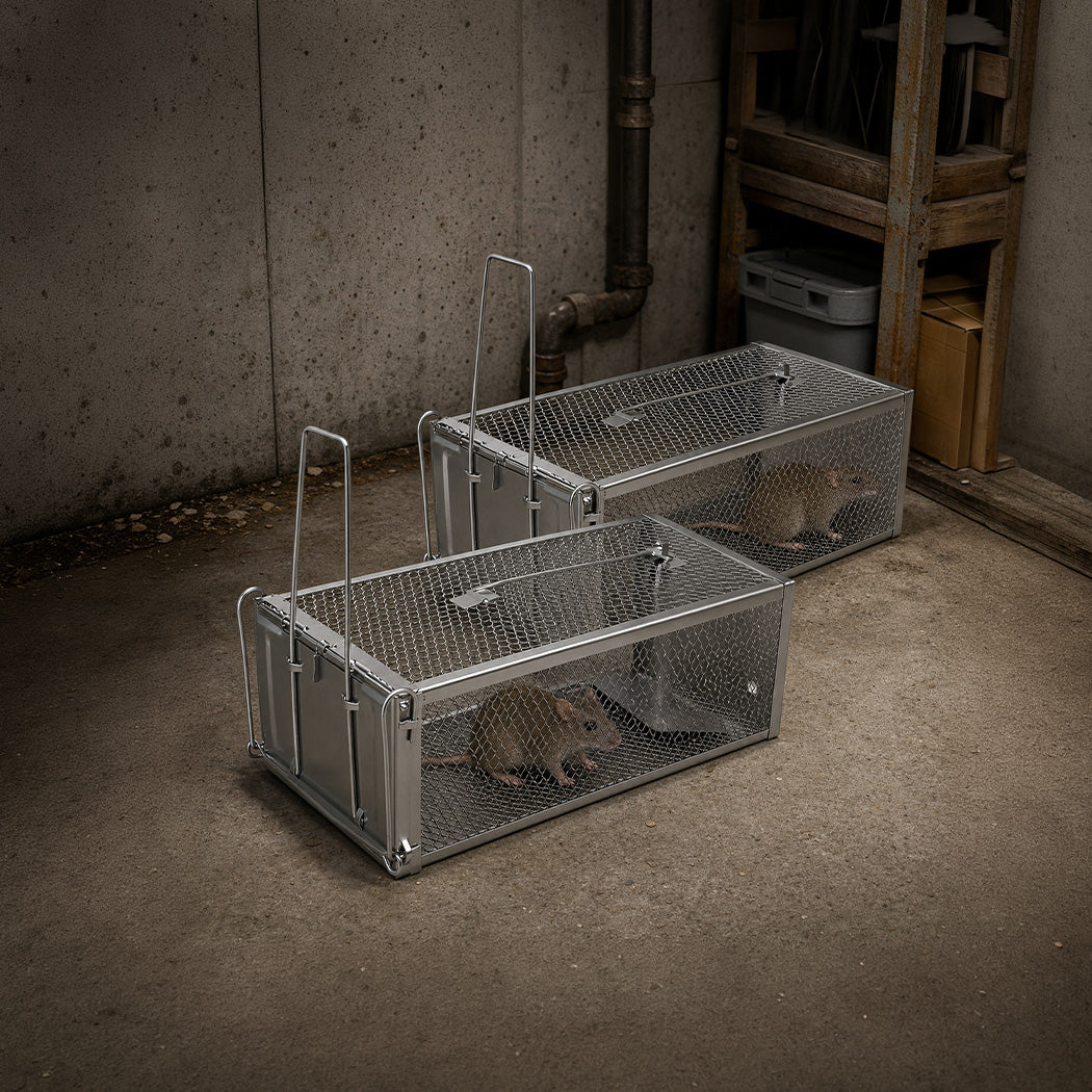 Toque Mouse Trap Humane Live Catch Rat Cage Reusable Zinc Iron Garage Silver 2pc