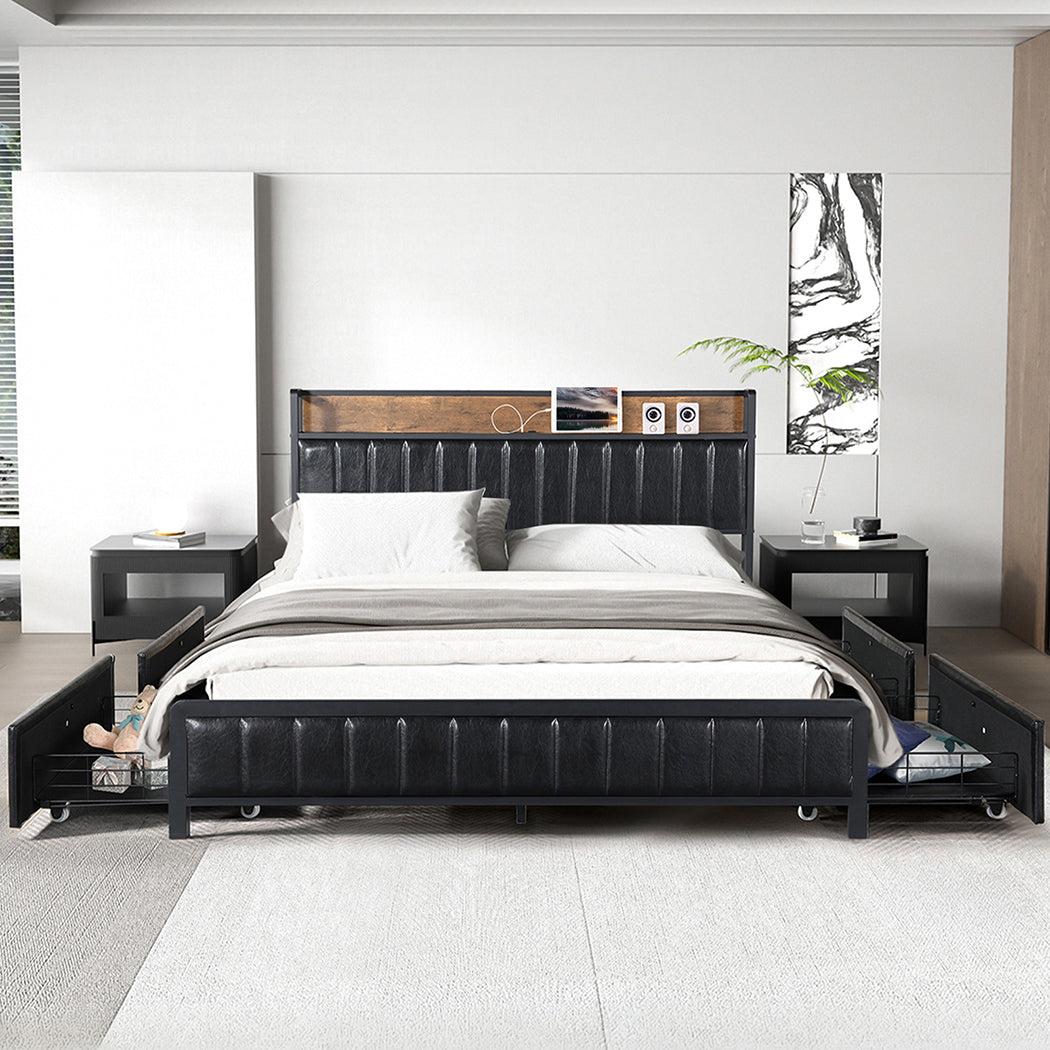 Levede King Bed Frame PU Mattress Base Storage Drawer Headboard USB Charge