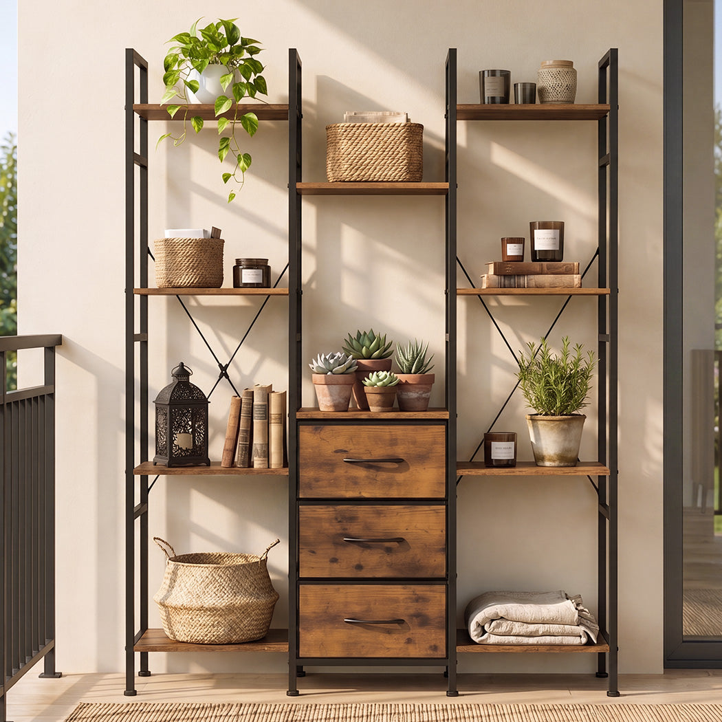 Levede Bookshelf 10 Open Cubes 3 Fabric Drawers Wood Black
