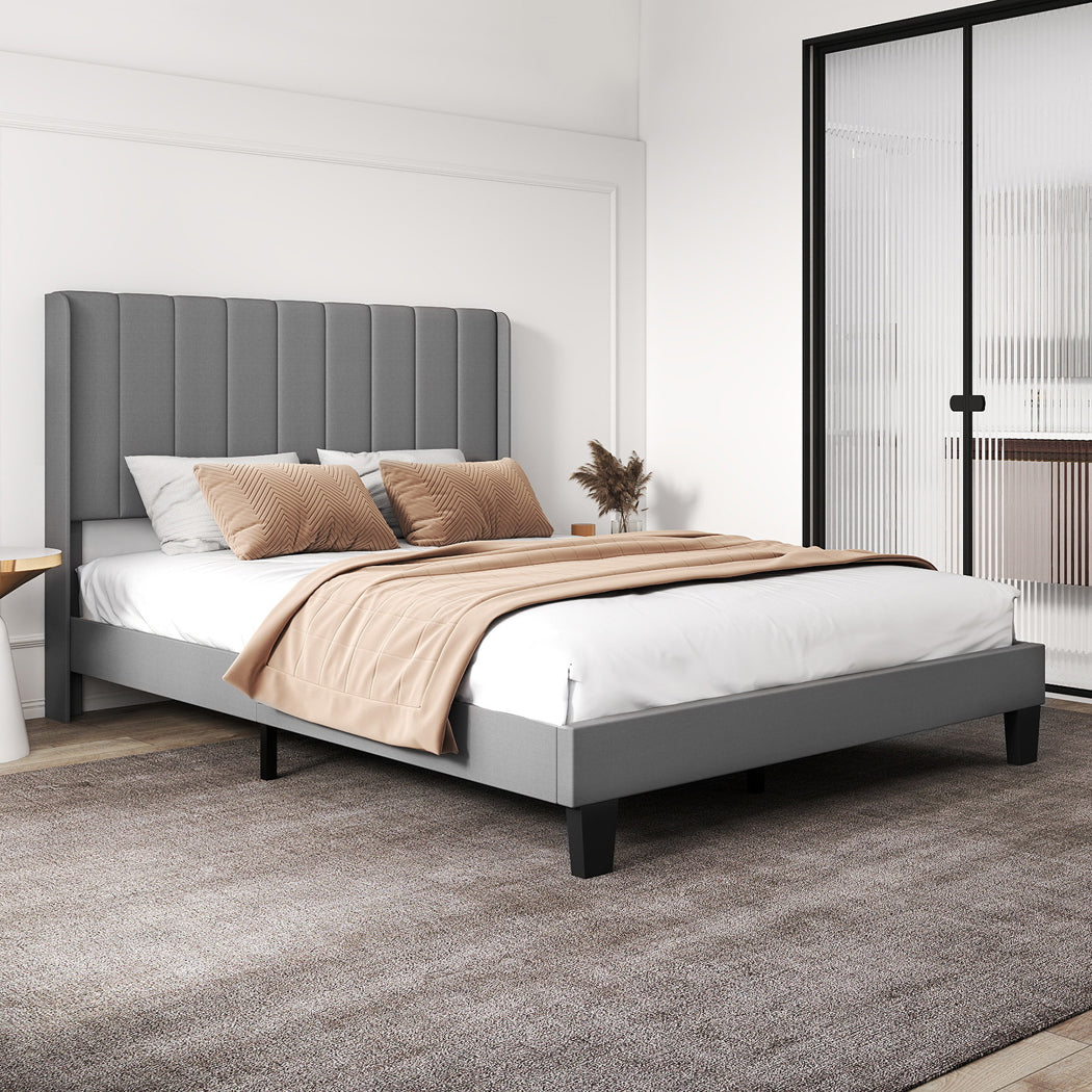 Levede Metal Wooden Bed Frame Queen Panel Plush Upholstered Soft Headboard Grey