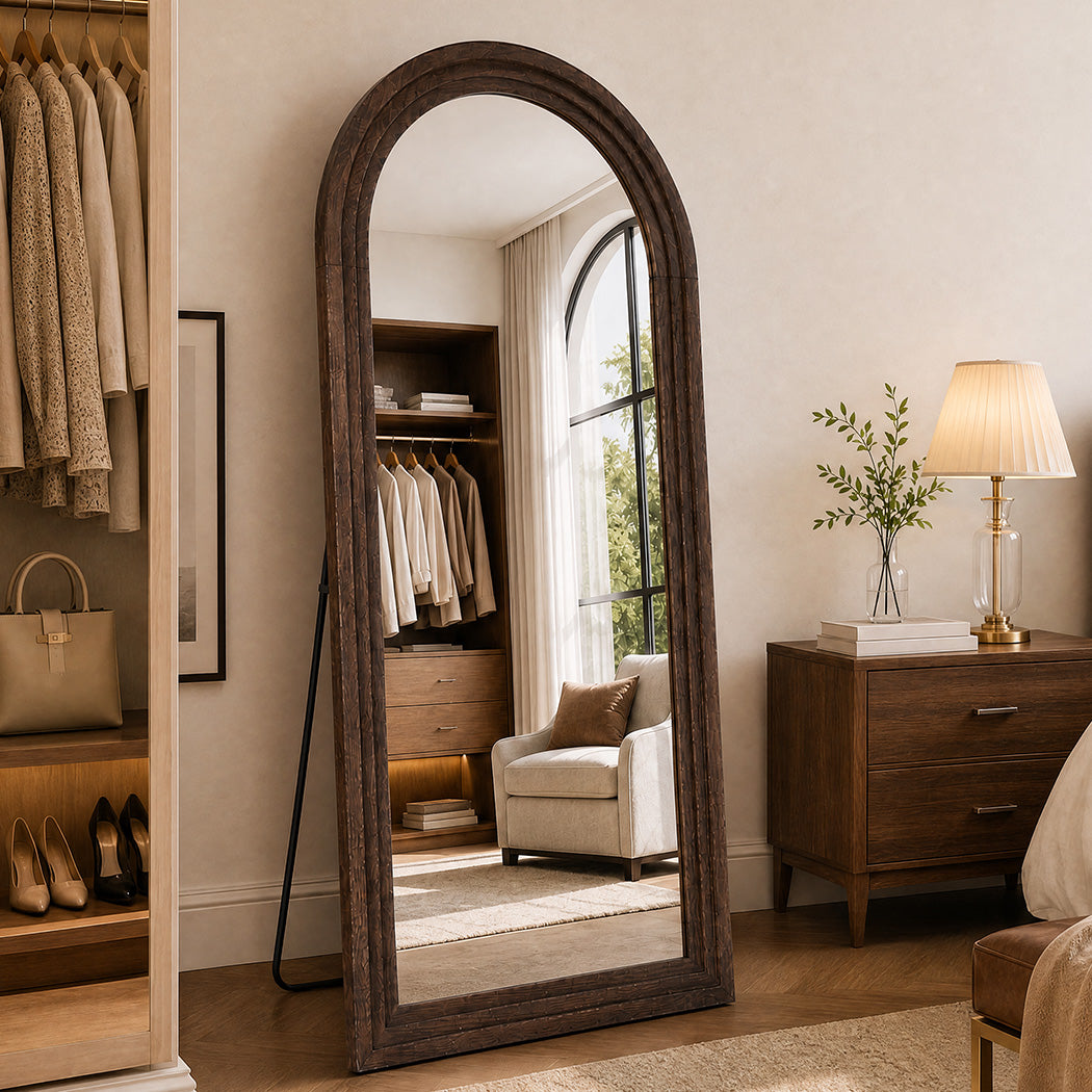 Yezi Mirror Full Length 4mm Tempered Glass Stand Lean Mount Bedroom Brown