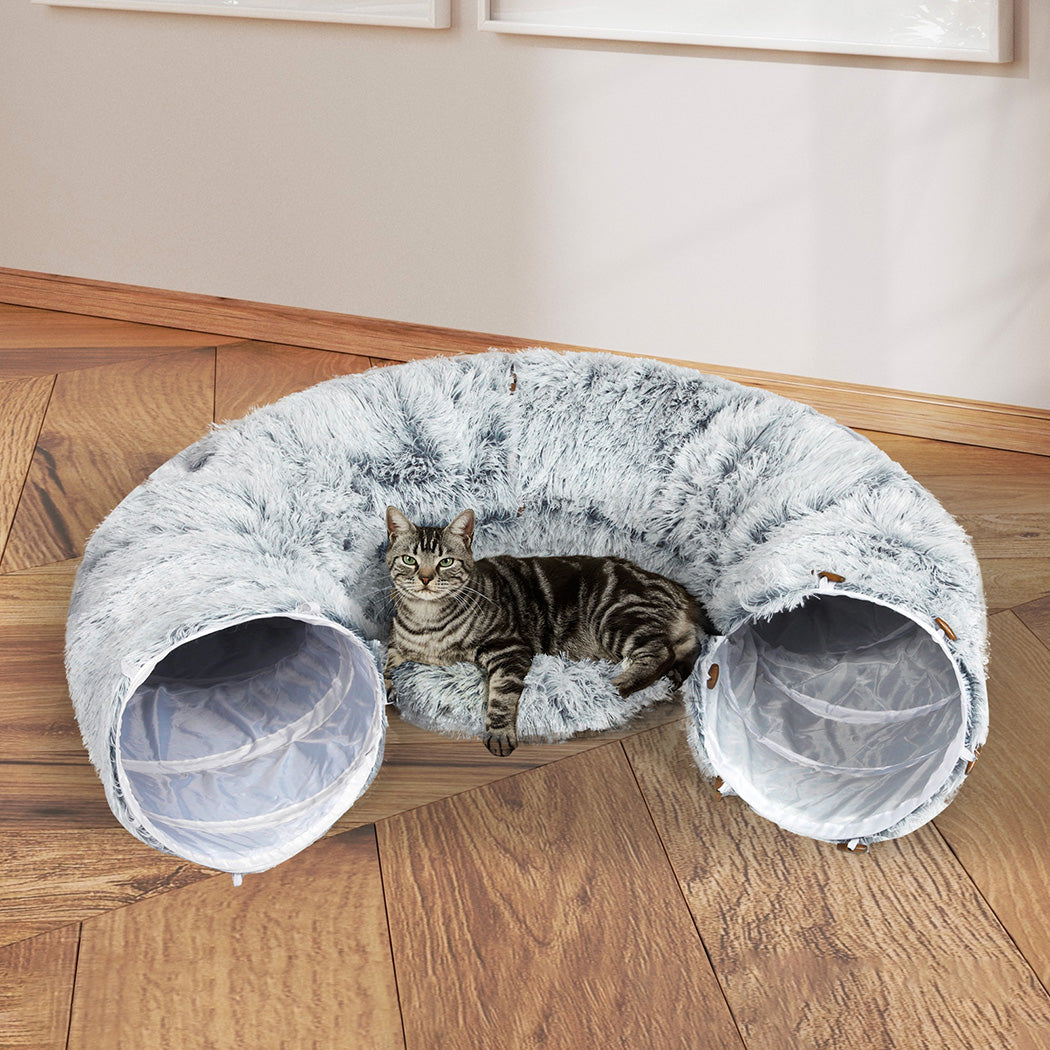 Pawz Cat Tunnel Foldable Fluffy Plush Play Tube Grey