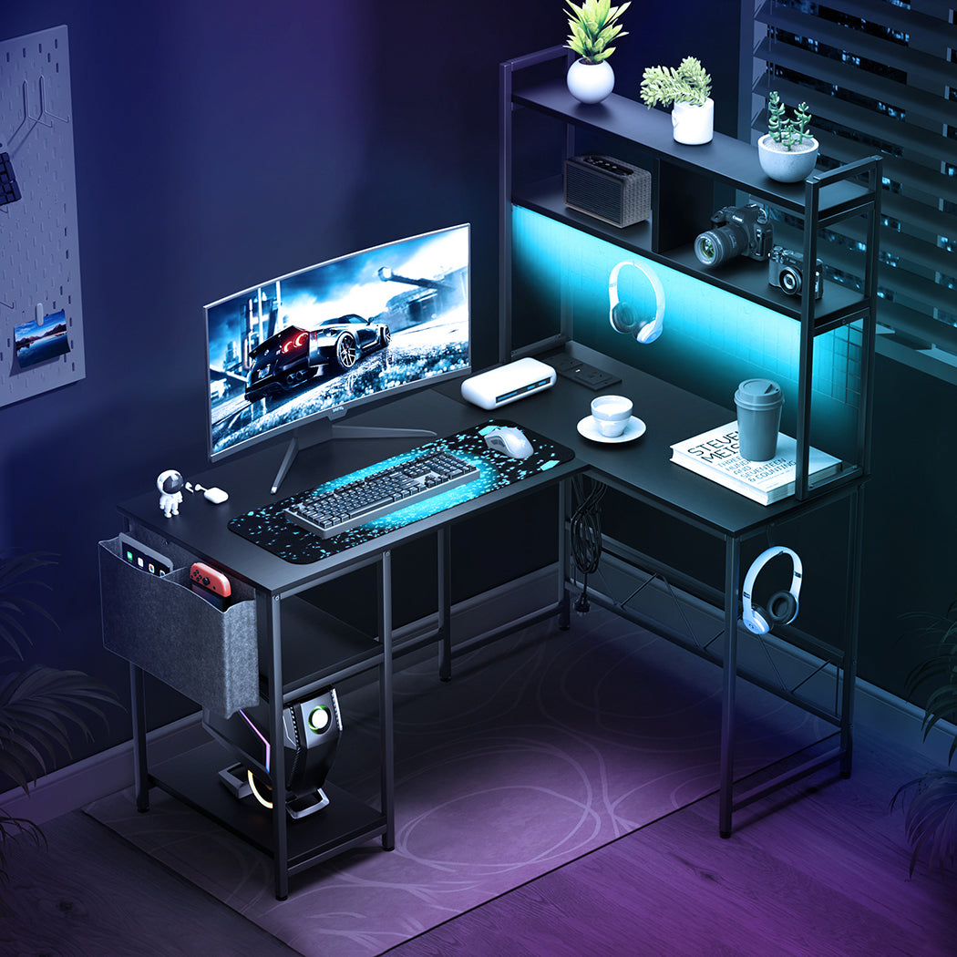 Levede L Shaped Gaming Desk with LED Lights Black