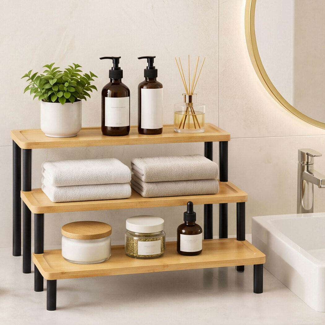Toque Bamboo Display Stand 3 Tier Serving Tray Platters Spice Rack Shelf Kitchen