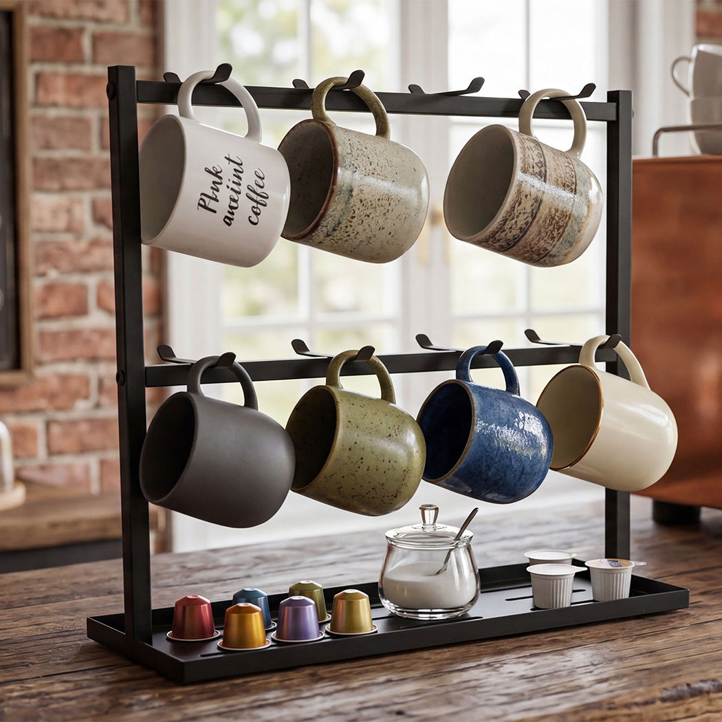 Levede Mug Rack 2 Tier 16 Hook Metal Coffee Cup Holder Stand Organizer Kitchen
