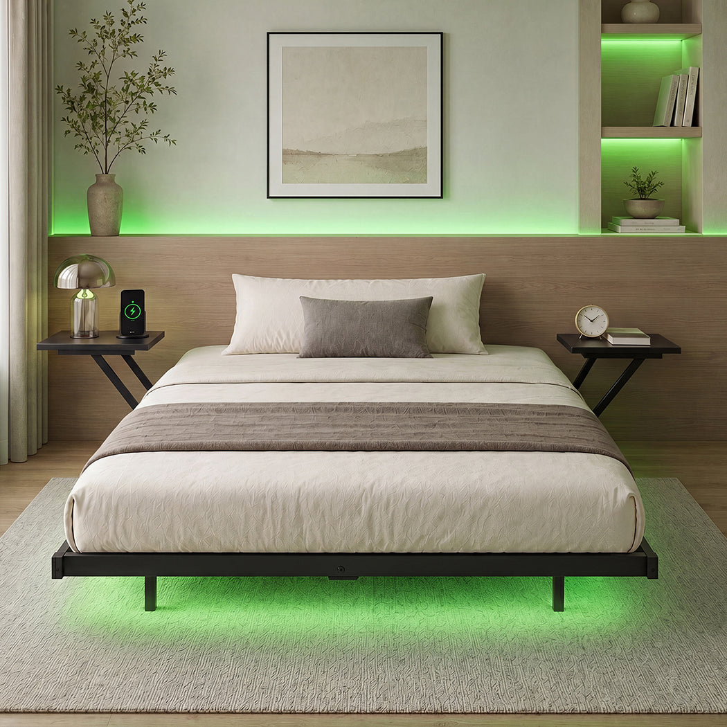 Levede Double Bed Frame Floating Frame with Storage Shelves RGB Lights Black