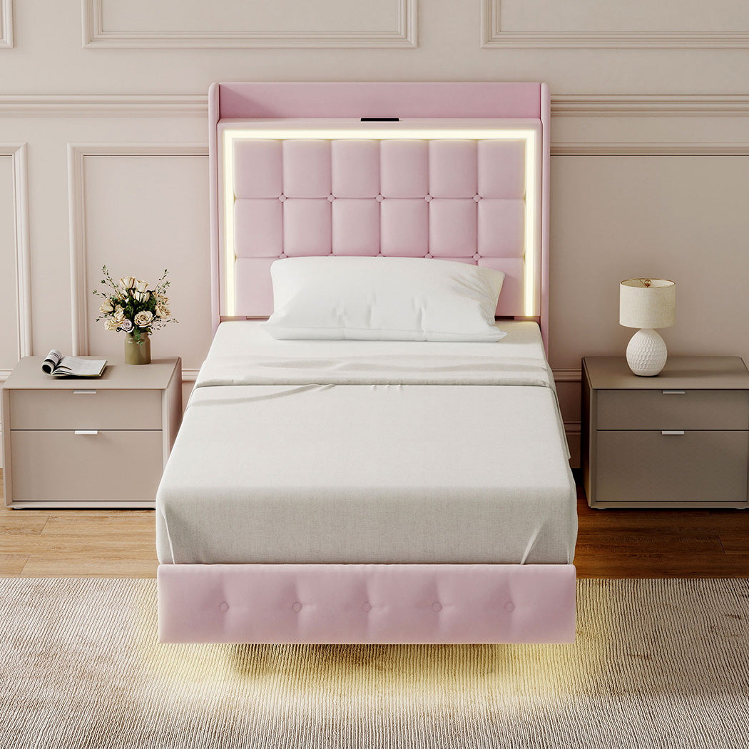 Levede Single Floating Bed Frame LED Headboard USB Pink