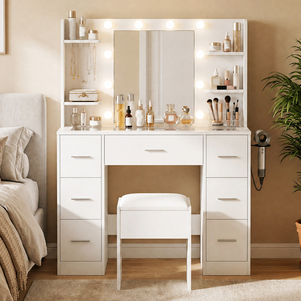 Levede Dressing Table Makeup Vanity with Lights Glass Desktop 7 Drawers White