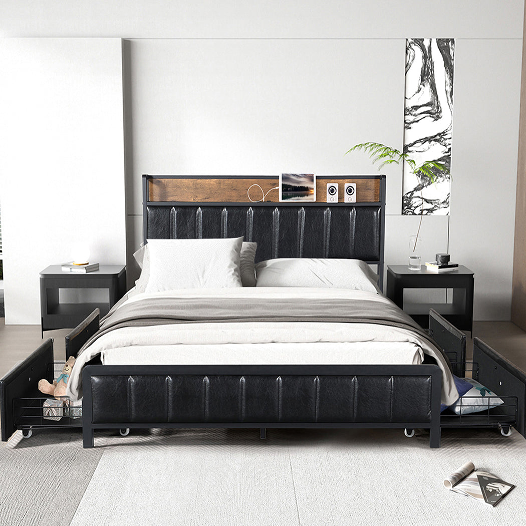 Levede Double Bed Frame PU Mattress Base Storage Drawer Headboard USB Charge