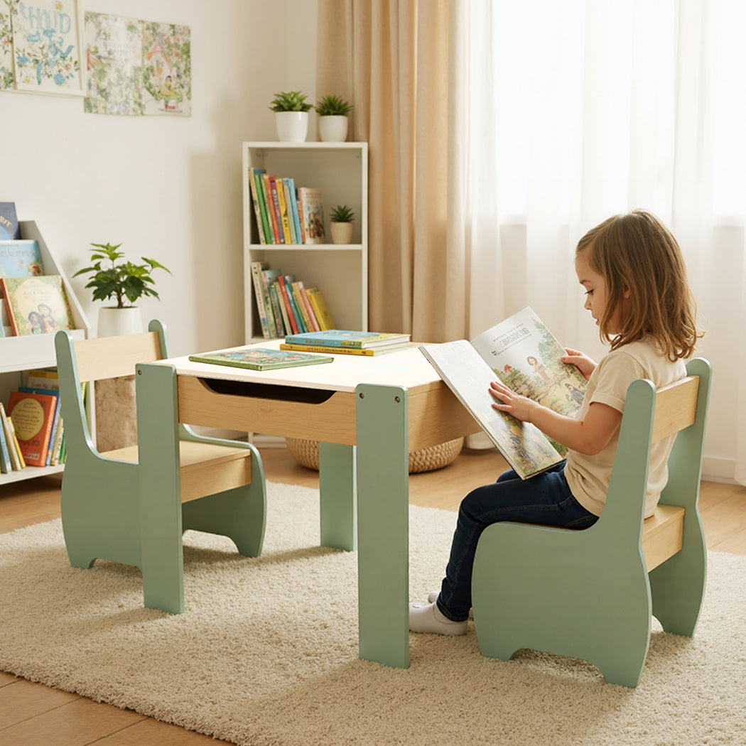 Levede Kids Table and Chairs Set 3-in-1 Chalkboard Storage Learning Dining Desk