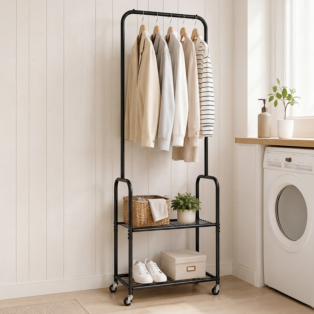 Levede Clothes Rack Heavy Duty Garment Rack 2 Shelf Locking Wheels Bedroom Black