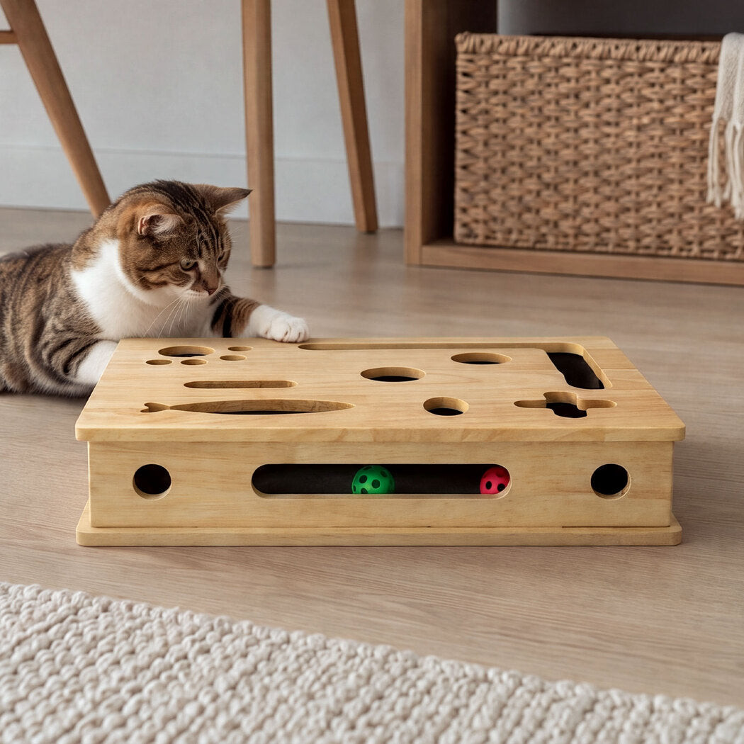 Pawz Cat Nail File Scratcher Large Solid Wood with Toy Balls for Indoor Cats