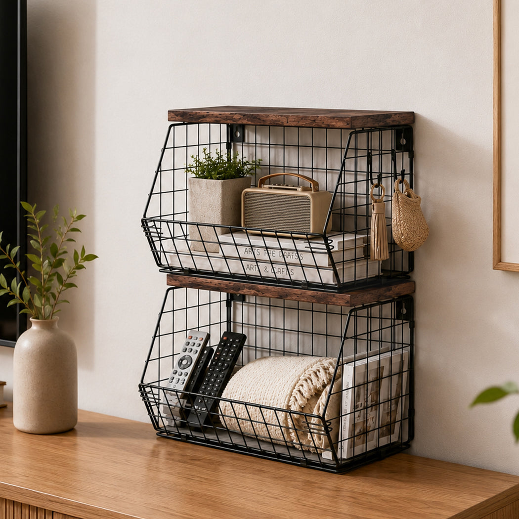 Toque Fruit Snack Storage Basket 2PCS Stackable Wall Mounted Kitchen Wood Lid