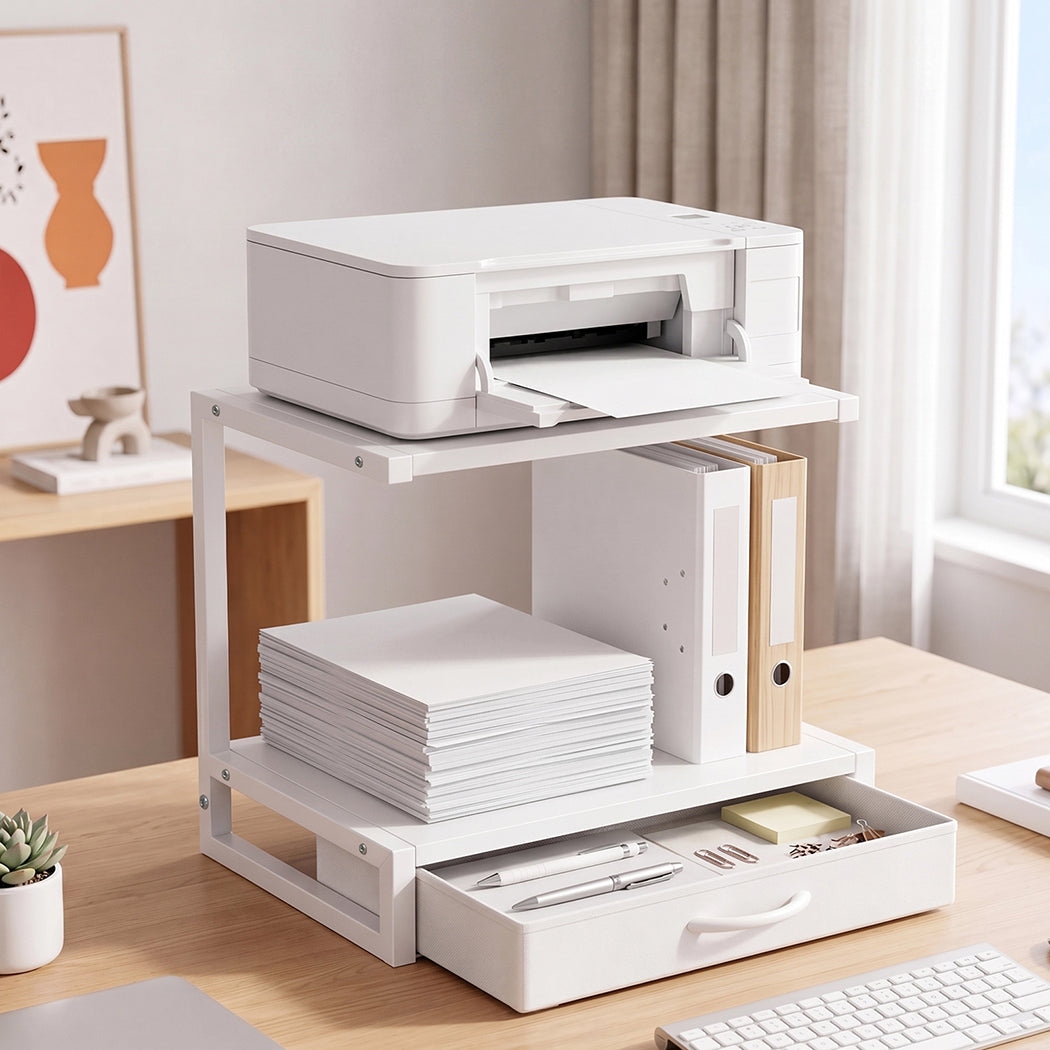 Levede 2 Tier Printer Stand Storage Shelf Desk Organiser Rack Drawer Office