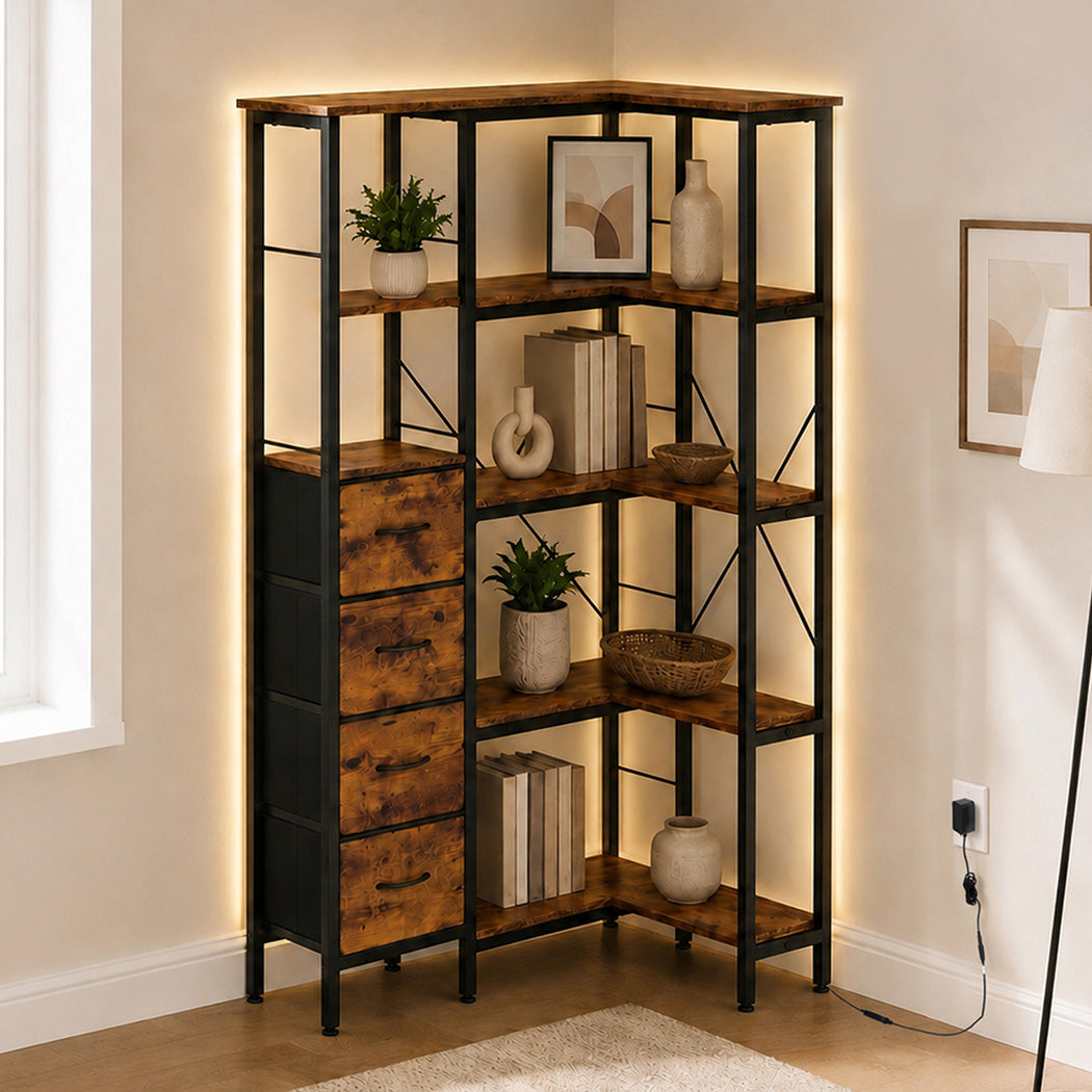 Levede Corner Bookshelf with 4 Fabric Drawers & LED Light 5 Tier Bedroom Rustic