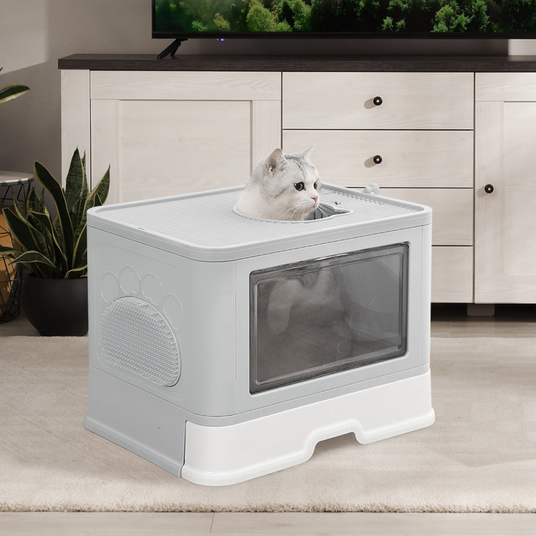 PaWz Foldable Cat Litter Box Tray Enclosed Grey