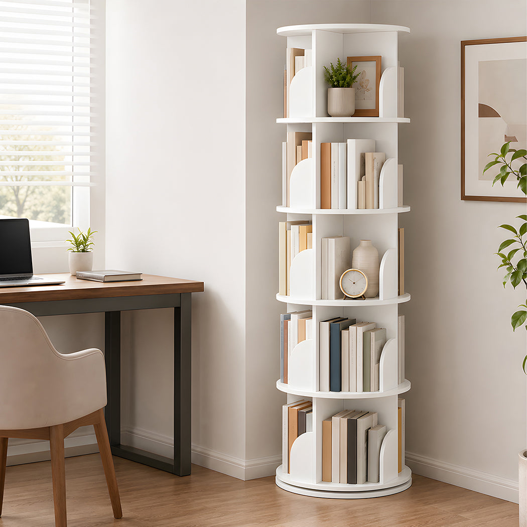 Levede Rotating Bookshelf 5 Tier Book Storage Space Saving Round Tower White
