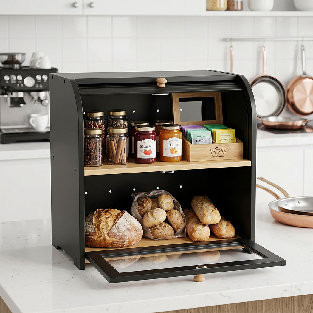 Toque Bread Bin Box 2 Tier Roll Top Bread Bin Kitchen Counter Storage Bamboo
