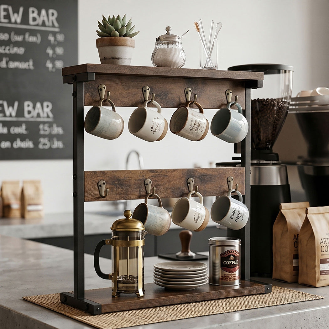 Levede Mug Rack 8 Hook Storage Holder Stand Kitchen Counter Cup Organizer Rustic