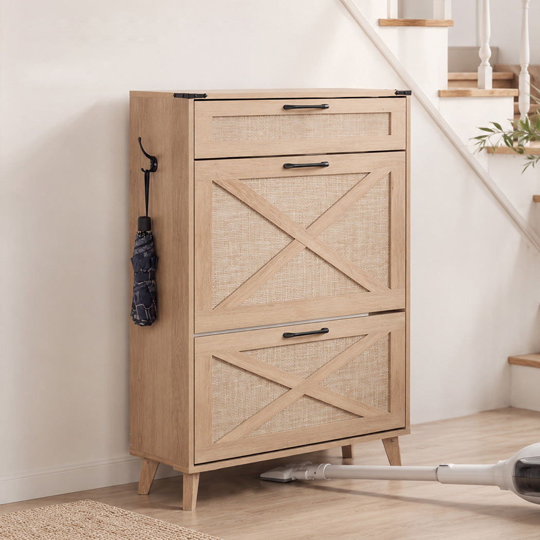 Levede Shoe Cabinet Shoe Storage Slim with 2 Flip Drawers Entryway Light Brown