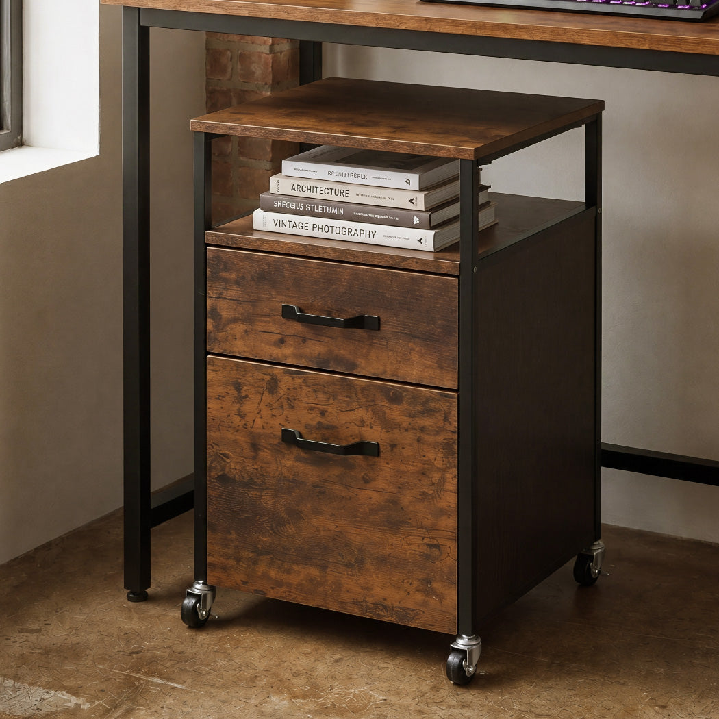Levede Filing Cabinet With Lockable Wheels And Printer Stand for Office Brown