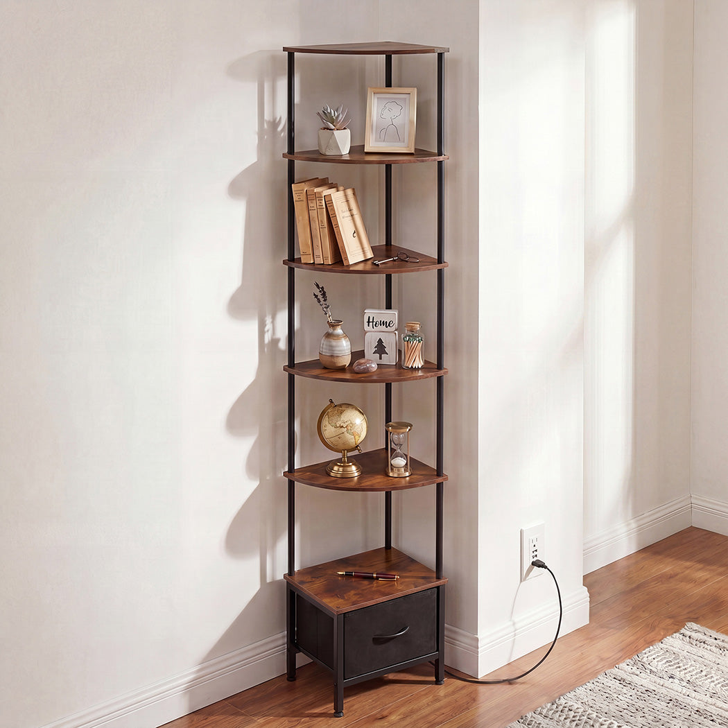 Levede 6-Tier Corner Shelf Stand Bookshelf Display Storage Rack with Drawer