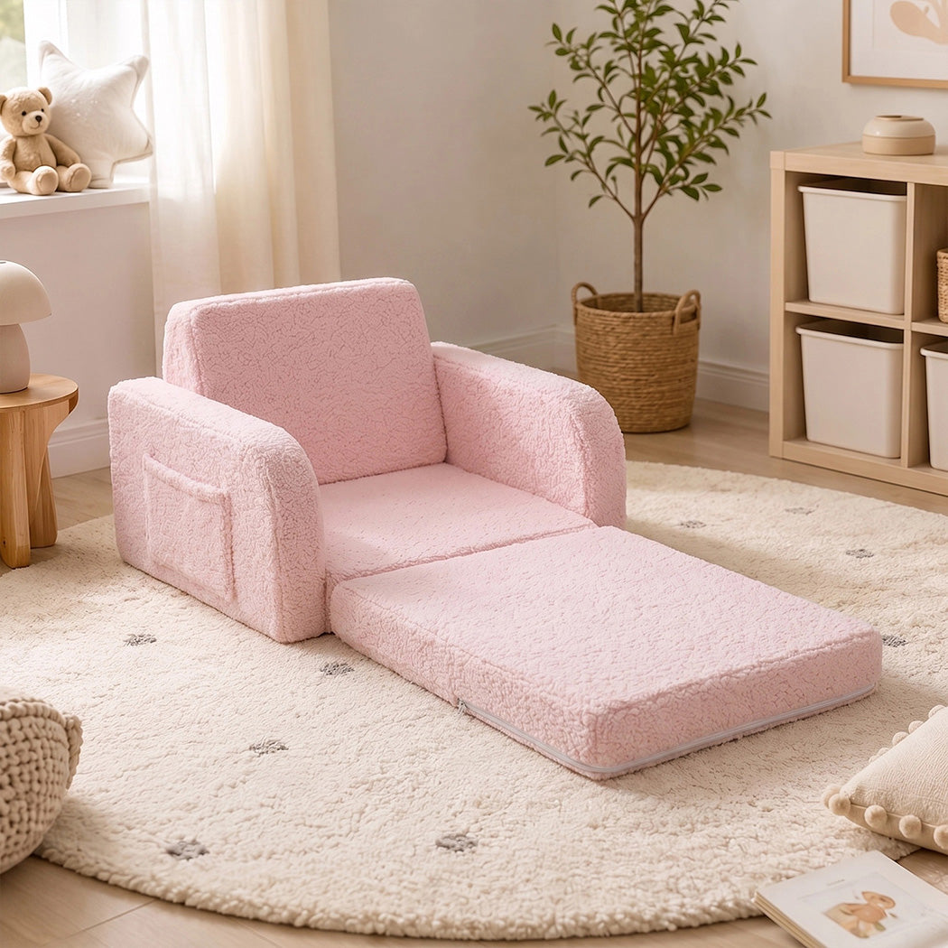 BoPeep Kids Sofa Fold Out Couch 3 In 1 Teddy Fleece Convertible Chair Pink