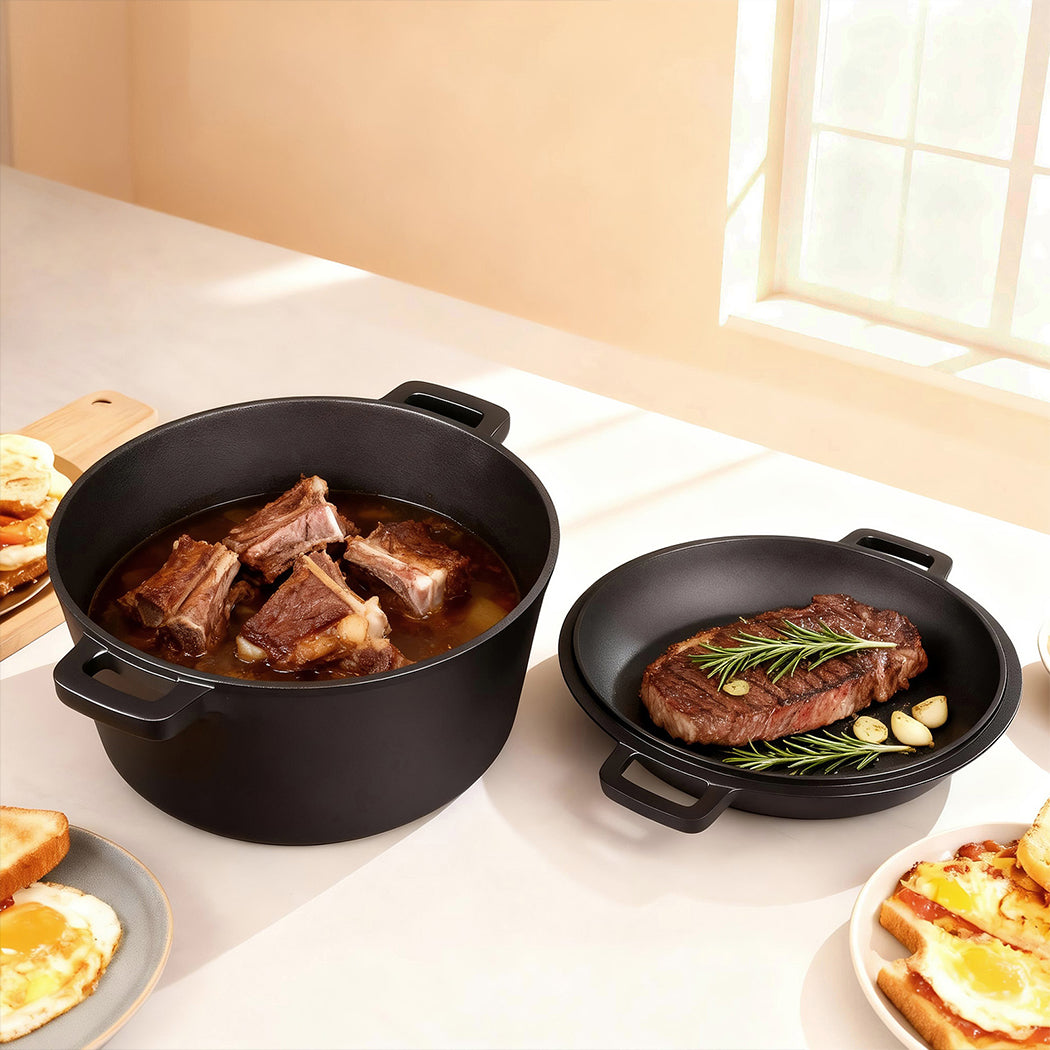 Toque 5.84L Double Dutch Oven 2 in 1 Cast Iron Pan