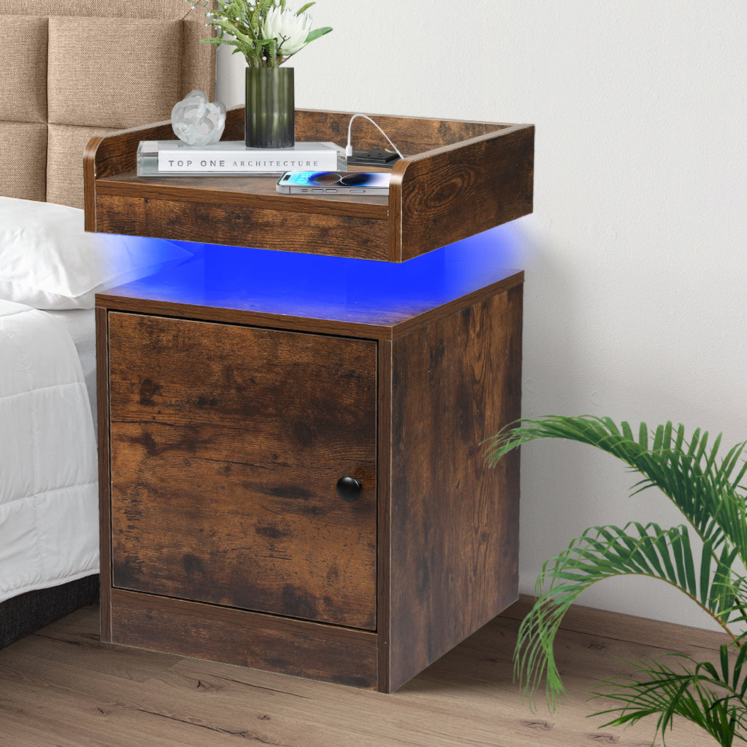 Levede Bedside Table USB Charger Outlet RGB Oak