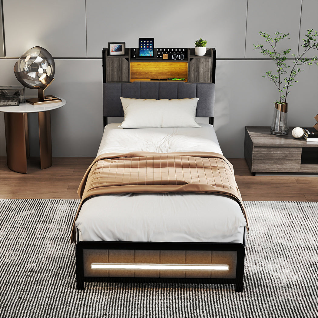Levede Single Bed Frame with Storage Headboard RGB LED