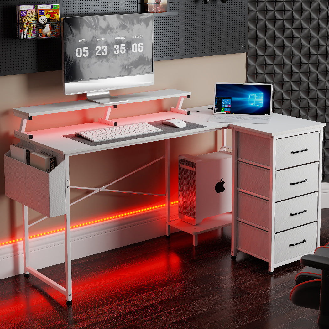 Levede L Shaped Gaming Desk with Storage Drawers White