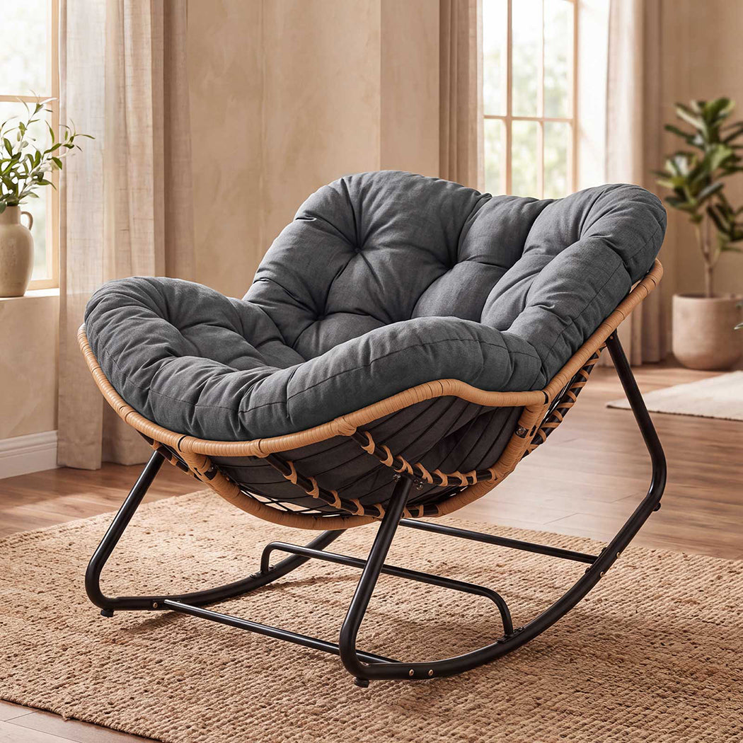 Levede Rocking Chair with Thick Cushion PE Rattan Silent Strip Indoor Patio Grey