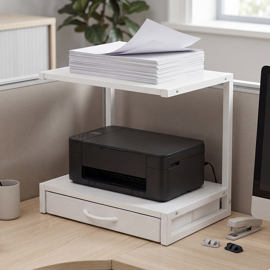 Levede 2 Tier Printer Stand Storage Shelf Desk Organiser Rack Drawer Office