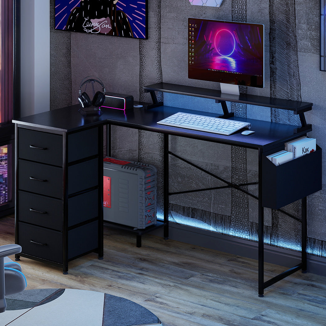 Levede L Shaped Gaming Desk with Storage Drawers Black