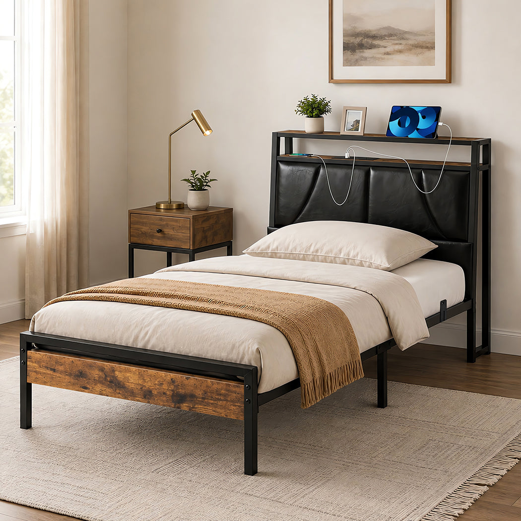 Levede Single Bed Frame PU Upholstered LED Storage Headboard Charging Home Black
