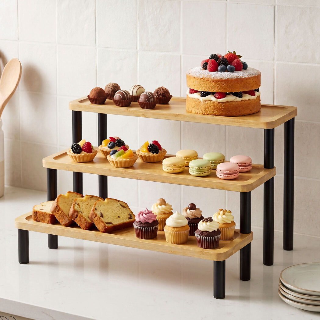 Toque Bamboo Display Stand 3 Tier Serving Tray Platters Spice Rack Shelf Kitchen