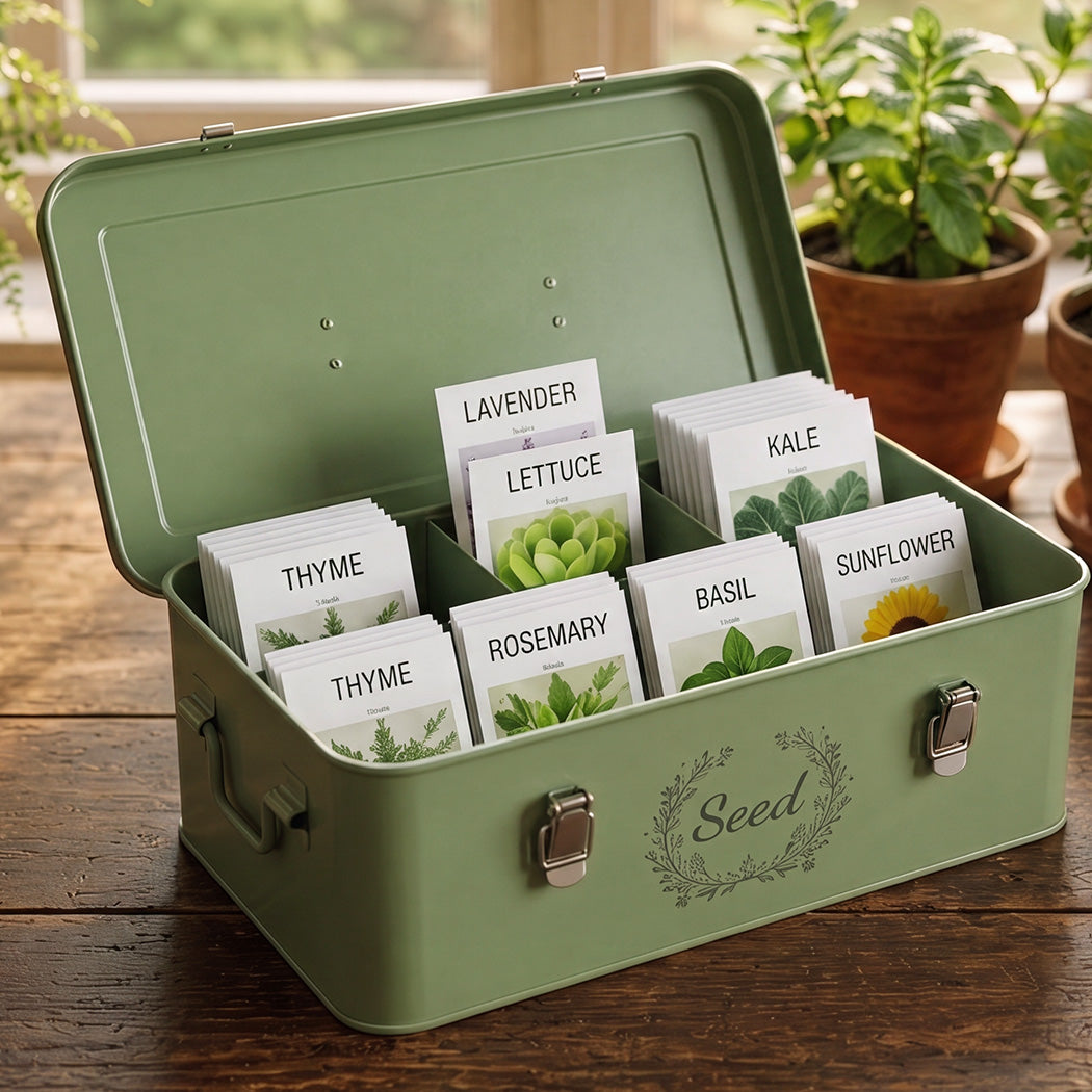 Toque Seed Storage Box 4-Compartment Organiser Metal Seed Box Deep Green