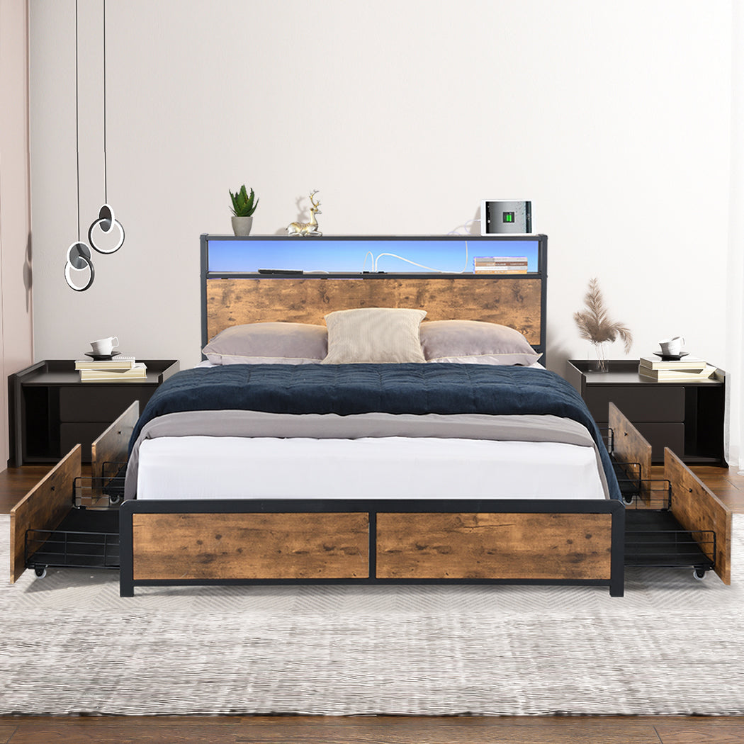 Levede Double Bed Frame RGB LED 4 Drawers USB