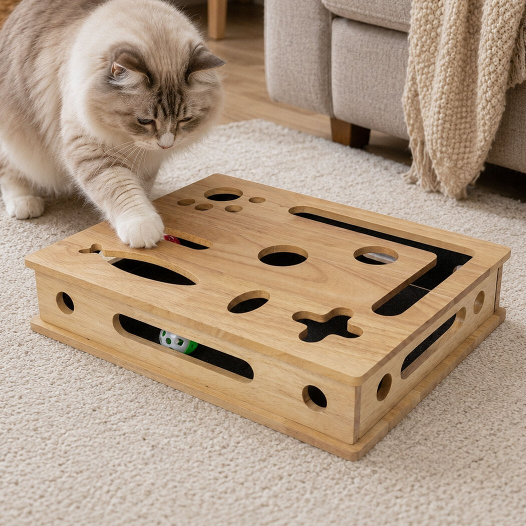 Pawz Cat Nail File Scratcher Large Solid Wood with Toy Balls for Indoor Cats