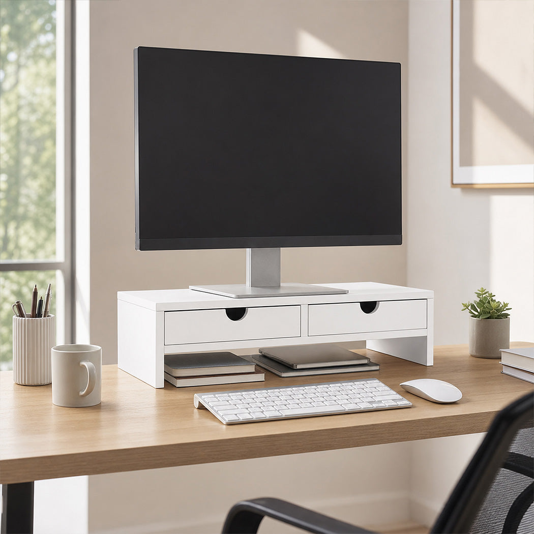 Levede Monitor Stand Riser with Dual Drawers 11cm Desk Shelf For Office White