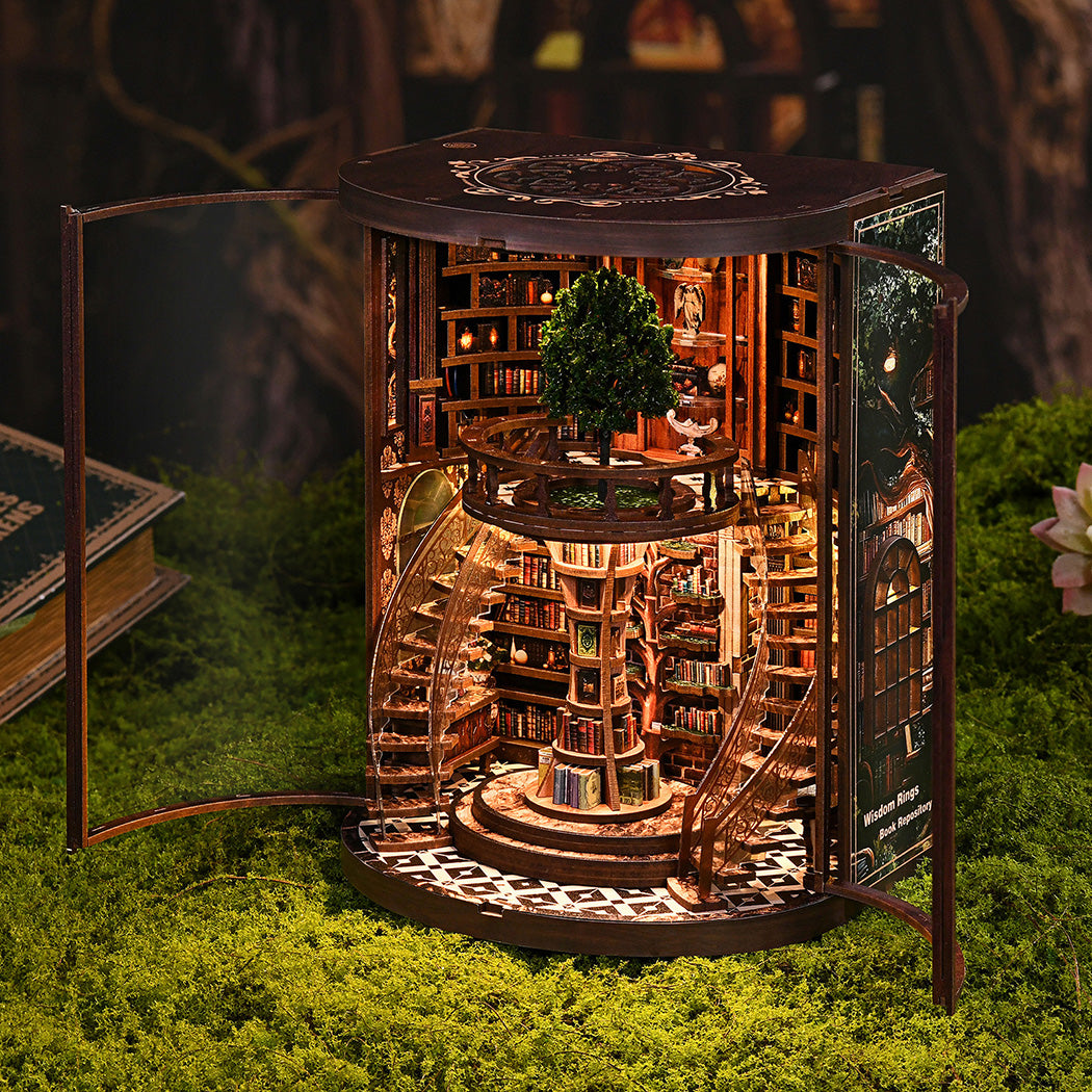 Bo Peep Book Nook Kit 356Pcs LED Miniature Library House For Bookshelf Walnut