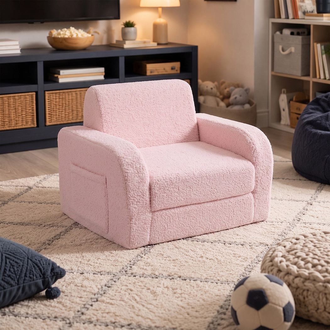 BoPeep Kids Sofa Fold Out Couch 3 In 1 Teddy Fleece Convertible Chair Pink