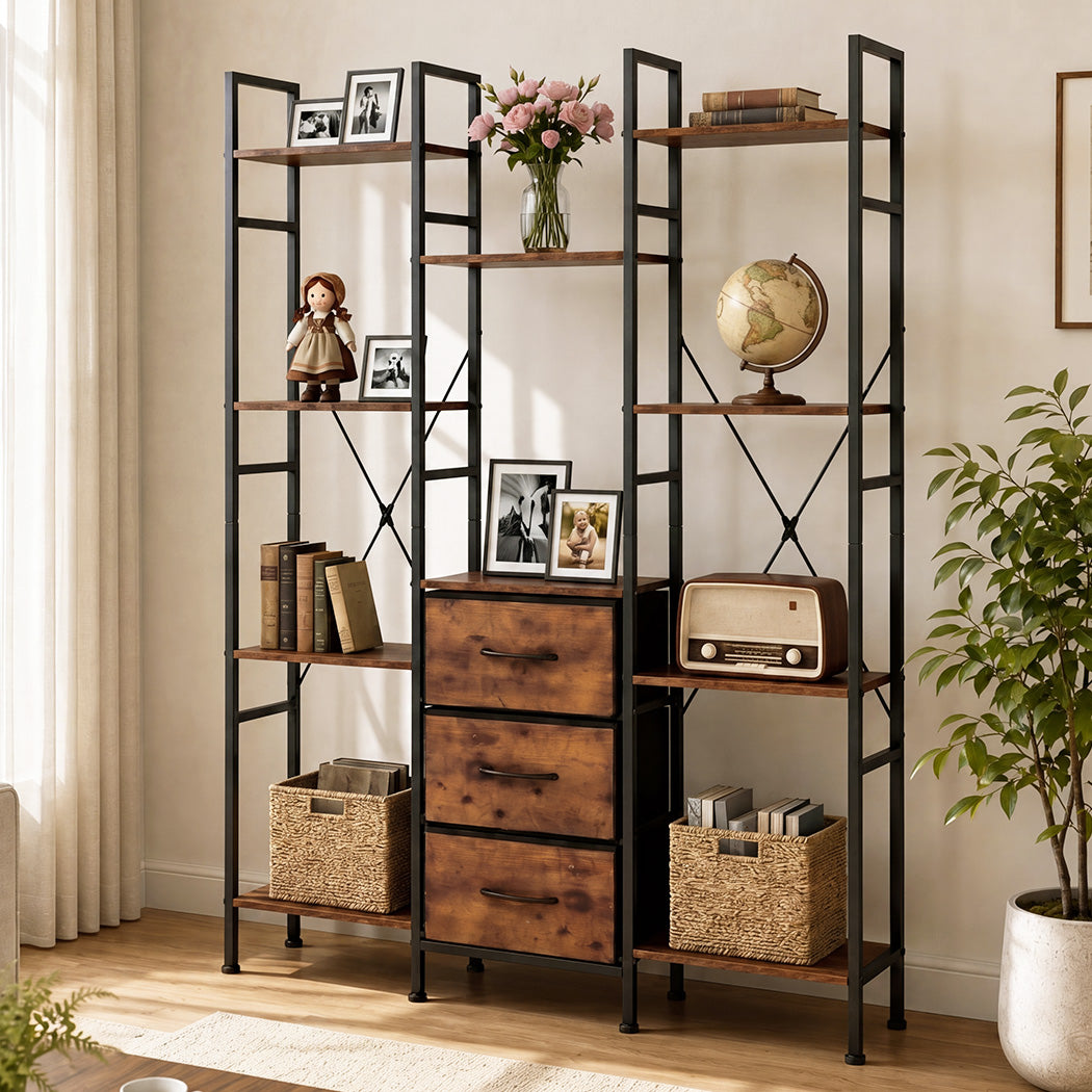 Levede Bookshelf 10 Open Cubes 3 Fabric Drawers Wood Black