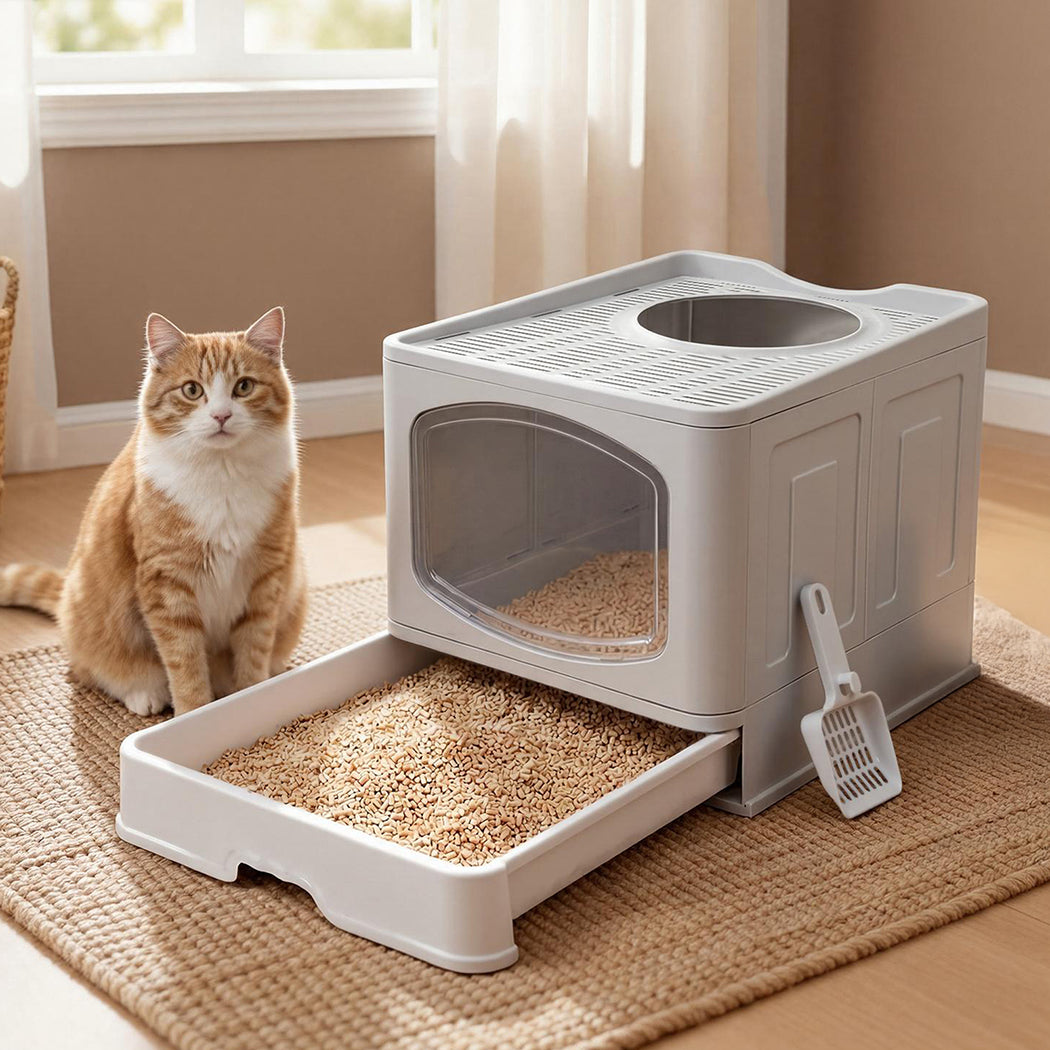 Pawz Large Cat Litter Box Foldable Top Entry Covered Litter Tray Scoop Grey