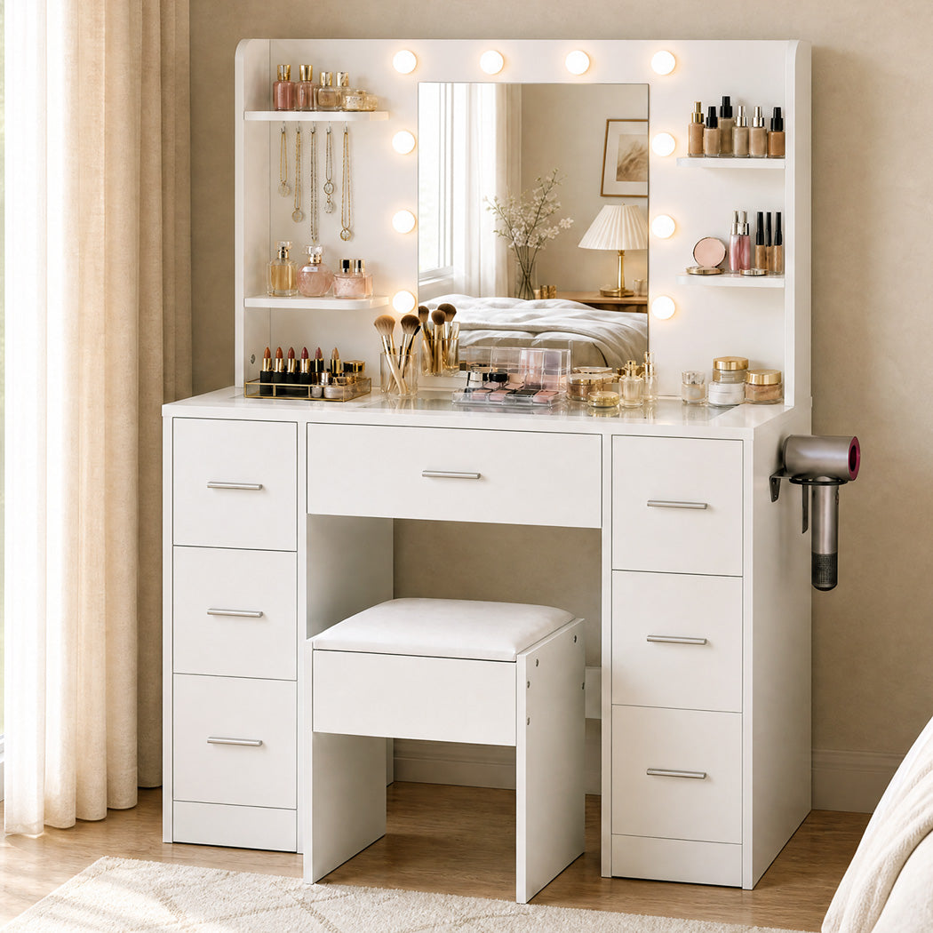 Levede Dressing Table Makeup Vanity with Lights Glass Desktop 7 Drawers White