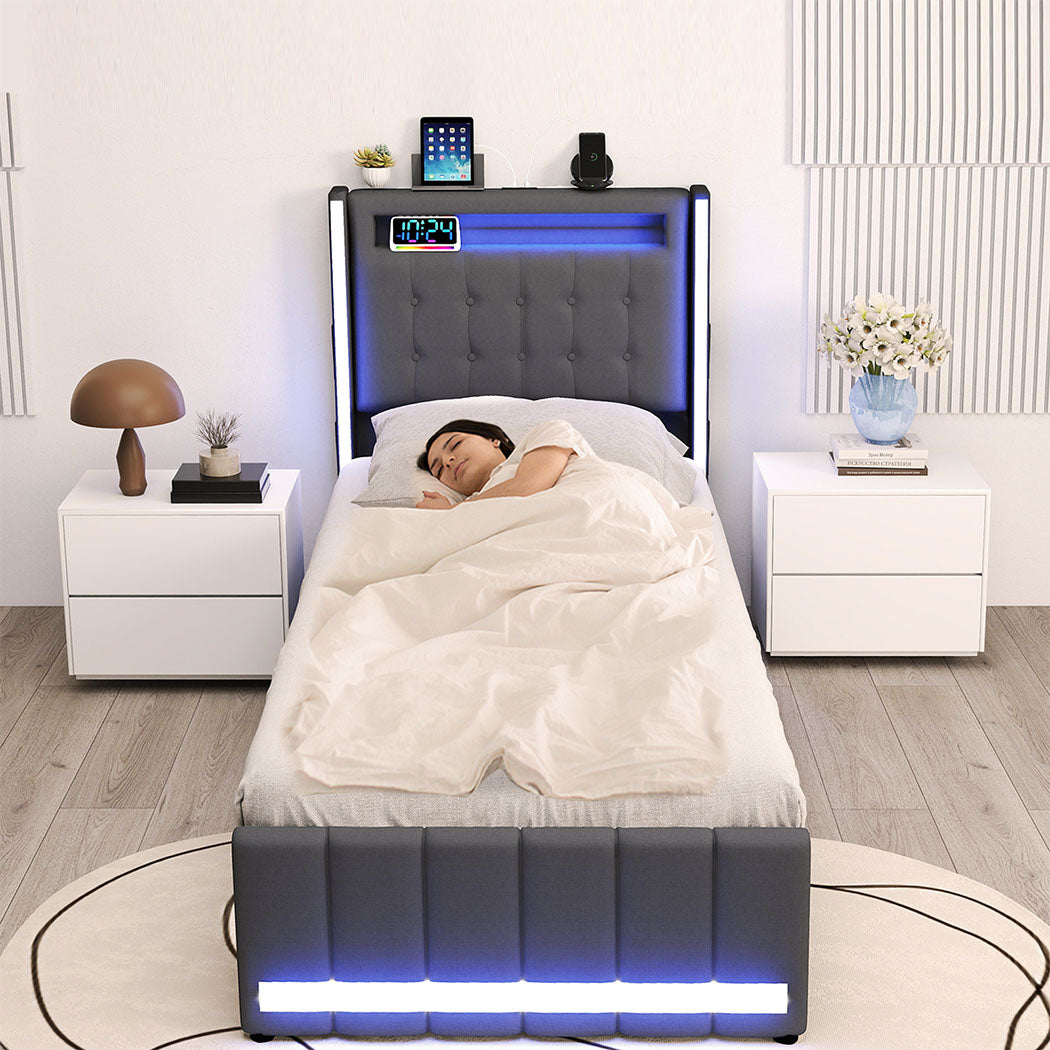 Levede Single Bed Frame Fabric Storage Drawer LED USB