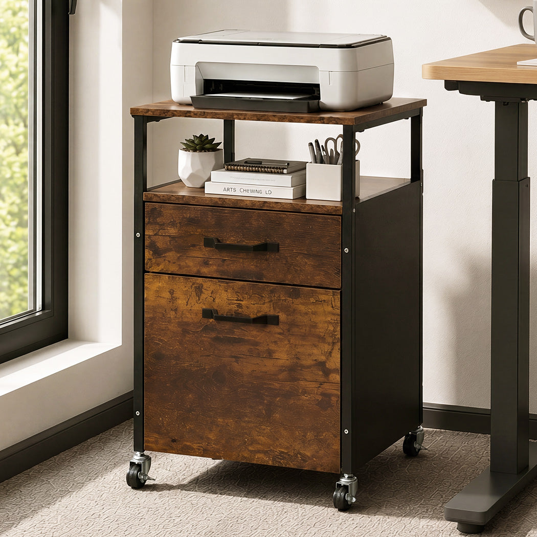 Levede Filing Cabinet With Lockable Wheels And Printer Stand for Office Brown