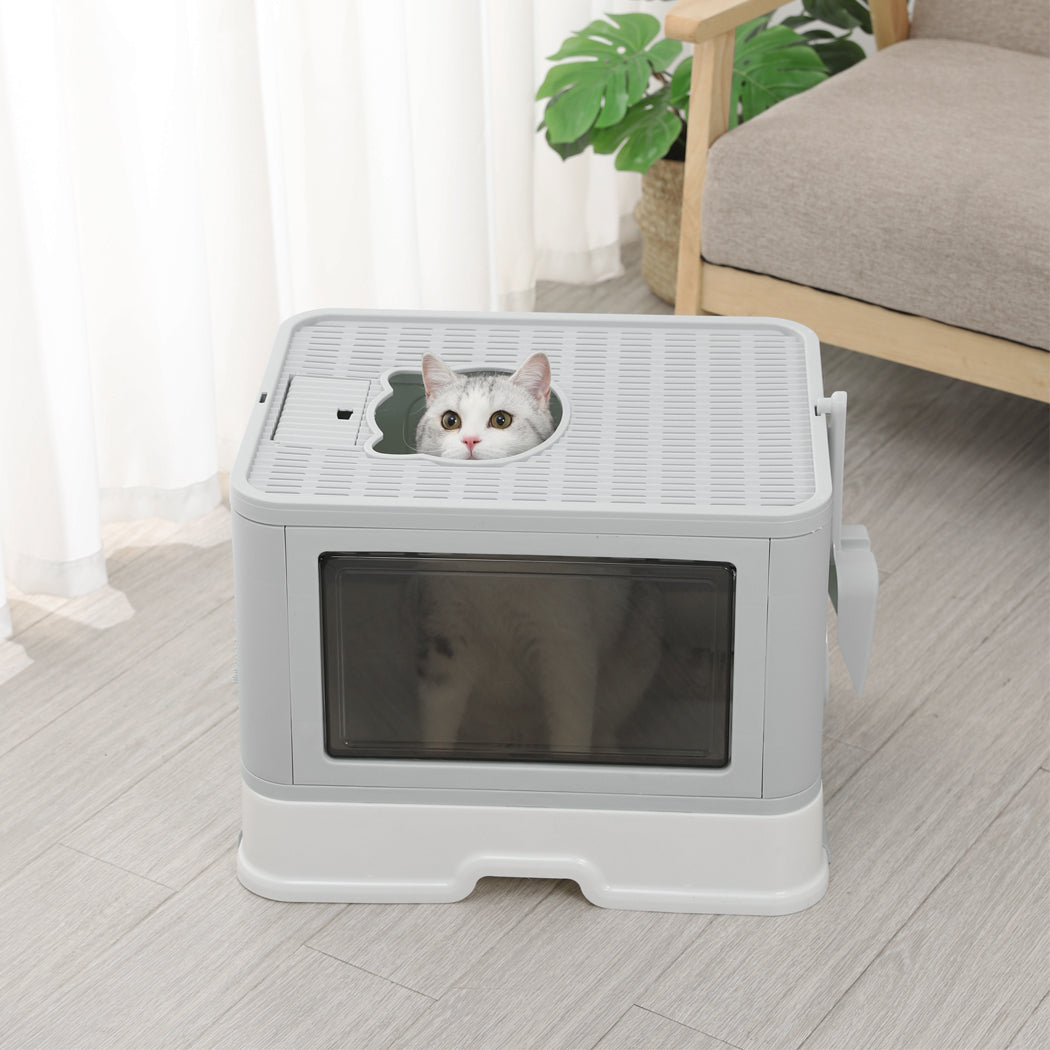 PaWz Foldable Cat Litter Box Tray Enclosed Grey